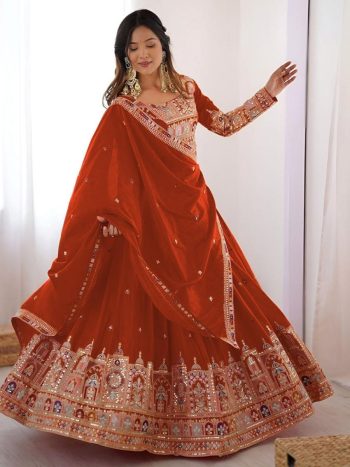 MODERN CHINON SILK EMBROIDERY SEQUENCE WORK LEHENGA CHOLI WITH DUPATTA ORANGE