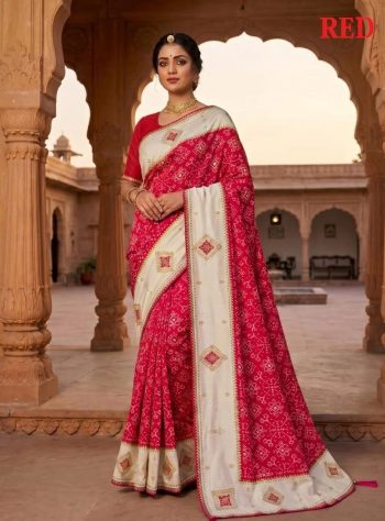 MODERN CREPE SILK BANDHANI PRINT WITH REAL MIRROR WORK SAREE WITH UNSTITCHED BLOUSE RED
