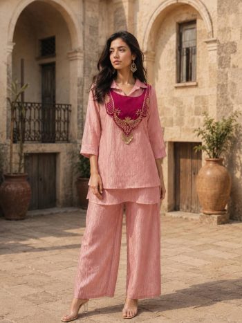 MODERN CRUNCHY SILK TOP AND PALAZZO SET WITH EMBROIDERY WORK WITH HANDWORK COIN HANGING WORK KOTI BABY PINK