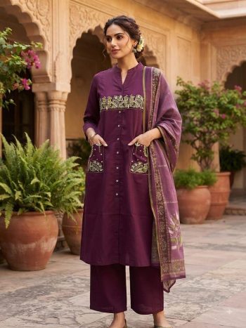 MODERN DHABU COTTON EMBROIDERY WORK TOP BOTTOM WITH DUPATTA WINE