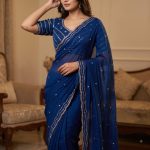 MODERN FANDY SATIN SILK ROSE GOLD  BEADS WORK WITH CUT  WORK BORDER SAREE WITH STITCH BLOUSE BLUE