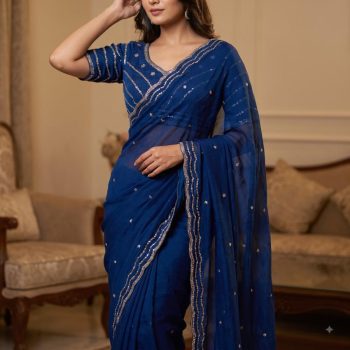 MODERN FANDY SATIN SILK ROSE GOLD  BEADS WORK WITH CUT  WORK BORDER SAREE WITH STITCH BLOUSE BLUE
