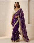 MODERN FENDY SATIN SILK EMBROIDERY WITH CUTWORK BORDER SAREE WITH UNSTITCHED BLOUSE PURPLE