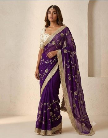 MODERN FENDY SATIN SILK EMBROIDERY WITH CUTWORK BORDER SAREE WITH UNSTITCHED BLOUSE PURPLE