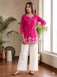MODERN RAYON SLUB EMBROIDERY WORK TOP BOTTOM SET PINK