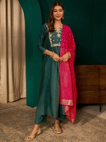 MODERN VISCOSE SILK SEQUENCE CODING EMBROIDERY WORK TOP BOTTOM WITH DUPATTA GREEN