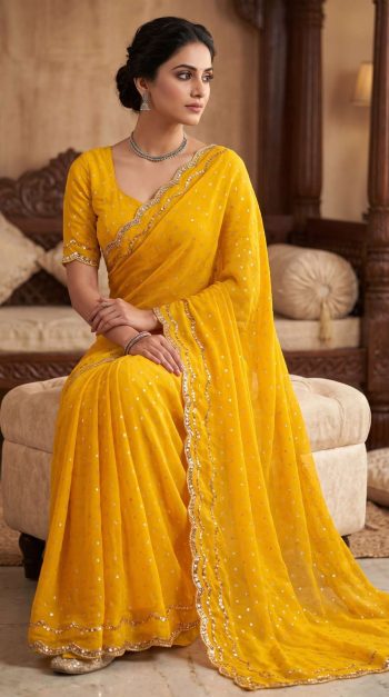 NEW ARRIVAL NC BUTTI SILK ROSE GOLD  BEADS WORK WITH CUT  WORK BORDER SAREE WITH UNSTITCHED BLOUSE YELLOW