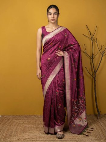 NEW ARRIVAL ORGANZA MEENAKARI ZARI WOVEN WORK SAREE WITH UNSTITCHED BLOUSE MAROON
