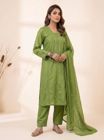 NEW ARRIVAL ROMAN SEQUENCE EMBROIDERY WORK TOP BOTTOM WITH DUPATTA GREEN