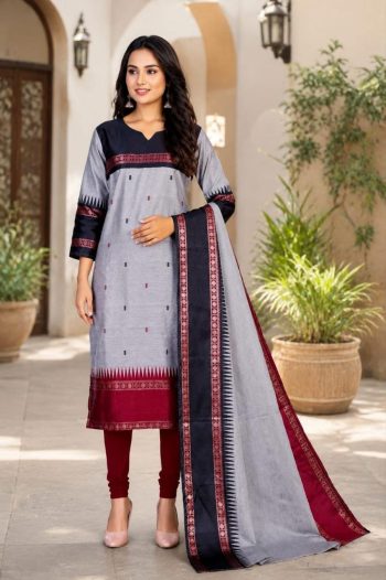 NEW ARRIVAL SILK COTTON ZARI KANCHI BORDER WORK TOP WITH DUPATTA GREY
