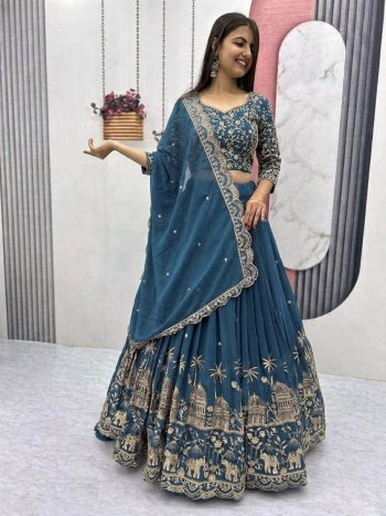 RICH LOOK CHINON SILK EMBROIDERY SEQUENCE WORK LEHENGA CHOLI WITH DUPATTA TEAL