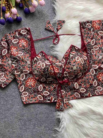 3RICH LOOK COTTON AJRAKH PRINT WORK STITCHED BLOUSE MAROON