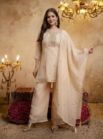 RICH LOOK CRUNCHY SILK SEQUENCE CODING EMBROIDERY WORK TOP PALAZZO WITH DUPATTA CREAM