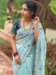 RICH LOOK FENDY SATIN EMBROIDERY WORK WITH SEQUENCE AND CUT WORK BORDER SAREE WITH STITCHED BLOUSE SKY