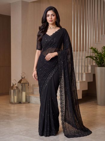 RICH LOOK FENDY SATIN TONE TO TONE BEADS,SEQUENCE,PEARLS  EMBROIDERY WORK SAREE WITH UNSTITCHED BLOUSE BLACK