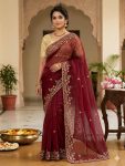 RICH LOOK GMY SILK EMBROIDERY  WORK WITH BADLO ZARI AND CUT WORK SAREE WITH UNSTITCHED BLOUSE MAROON