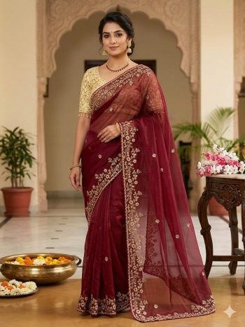 RICH LOOK GMY SILK EMBROIDERY  WORK WITH BADLO ZARI AND CUT WORK SAREE WITH UNSTITCHED BLOUSE MAROON
