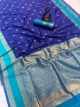 RICH LOOK KANJIVARAM SILK COPPER ZARI JAAL WEAVING WORK SAREE WITH UNSTITCHED BLOUSE BLUE