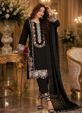 RICH LOOK SATIN RAYON EMBROIDERY THREAD WORK TOP BOTTOM WITH DUPATTA BLACK