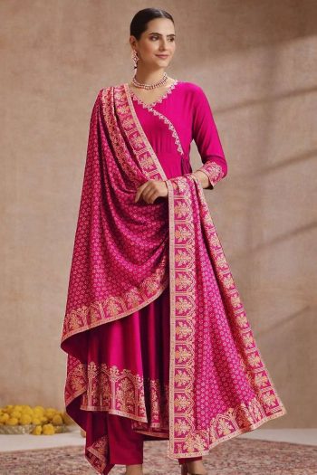 TRENDING RAYON EMBROIDERY WITH FOIL PRINT WORK ANARKALI BOTTOM WITH DUPATTA PINK