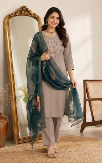 TRENDING ROMAN SILK EMBROIDERY WORK TOP BOTTOM WITH DUPATTA GREY