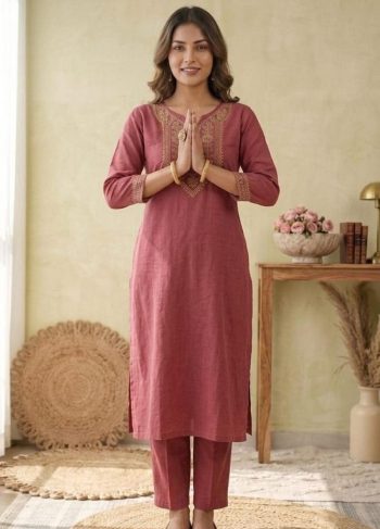 TRENDING SLUB COTTON EMBROIDERY WORK TOP PENT SET DUSTY ROSE