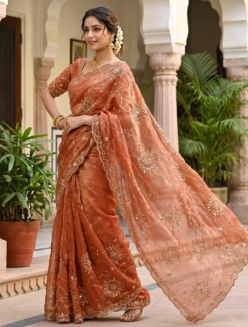TRENDING SPACE SILK GOLD BEADS WORK SAREE WITH UNSTITCHED BLOUSE PEACH