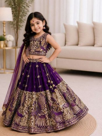 ATTRACTIVE SINDOOR SILK SEQUENCE EMBROIDERY WORK KID'S LEHENGA CHOLI WITH DUPATTA PURPLE