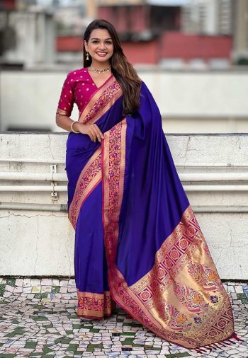BOLLYWOOD SOFT SILK GALA PLAIN  WITH KADIYAL PAITHANI WEAVES WORK SAREE WITH UNSTITCHED BLOUSE BLUE