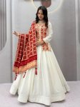 DESIGNER CHINON SILK EMBROIDERY CODING SEQUENCE & THREAD WORK LEHENGA CHOLI WITH DUPATTA RED AND WHITE
