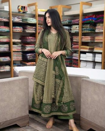 DESIGNER COTTON PRINT AND HAND SEQUENCE WORK ANARKALI BOTTOM WITH DUPATTA GREEN