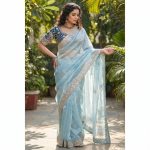 DESIGNER FENDY SATIN EMBROIDERY 3 MM SEQUENCE WORK HEAVY BORDER SAREE WITH STITCHED BLOUSE SKY