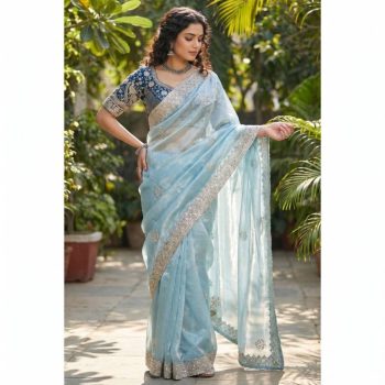 DESIGNER FENDY SATIN EMBROIDERY 3 MM SEQUENCE WORK HEAVY BORDER SAREE WITH STITCHED BLOUSE SKY