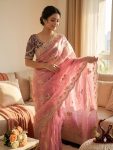 DESIGNER FENDY SATIN SEQUANCE AND ZARI EMBROIDERY WORK SAREE WITH STITCHED BLOUSE BABY PINK