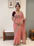 DESIGNER GEORGETTE SILK SEQUENCE AND ZARI EMBROIDERY WORK WITH CUTWORK BORDER SAREE WITH STITCHED BLOUSE PEACH
