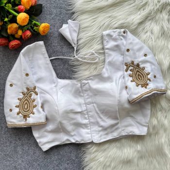 DESIGNER MALAI SATIN HAND WORK STITCHED BLOUSE WHITE