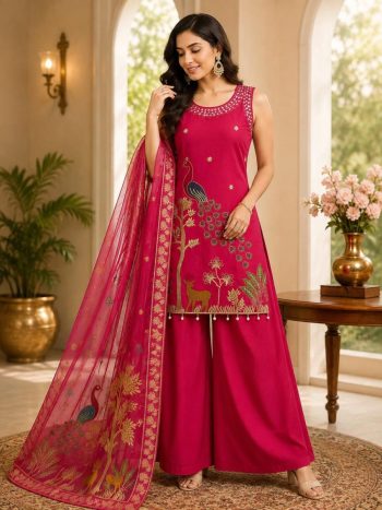 DESIGNER ROMAN SILK ORIGINAL MIRROR WORK WITH EMBROIDERY WORK TOP PALAZZO WITH DUPATTA RANI