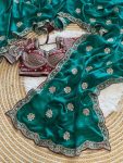 DESIGNER SATIN EMBROIDERY 3 MM SEQUENCE WORK HEAVY BORDER WITH BUTTA WORK SAREE WITH STITCHED BLOUSE TEAL