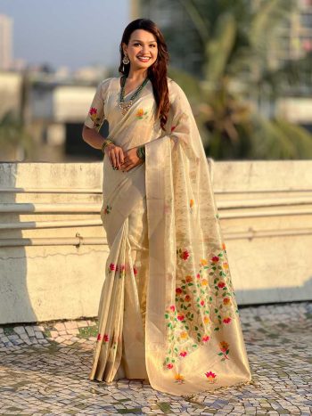 FABULOUS ORGANZA MEENAKARI ZARI WOVEN WORK SAREE WITH UNSTITCHED BLOUSE CREAM