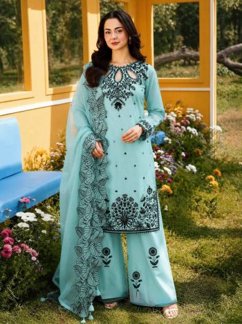 FANCY SATIN RAYON EMBROIDERY  SEQUENCE WITH FANCY MOTI LATKAN BORDER  WORK TOP PALAZZO WITH DUPATTA SKY