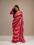 FANCY SPACE SILK JHARKAN WORK  WITH SWAROVSKI WORK SAREE WITH UNSTITCHED BLOUSE PINK