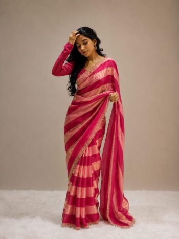 FANCY SPACE SILK JHARKAN WORK  WITH SWAROVSKI WORK SAREE WITH UNSTITCHED BLOUSE PINK