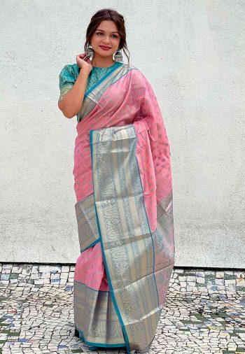 GEORGEOUS TISSUE SILK ZARI WEAVING WORK SAREE WITH UNSTITCHED BLOUSE PINK