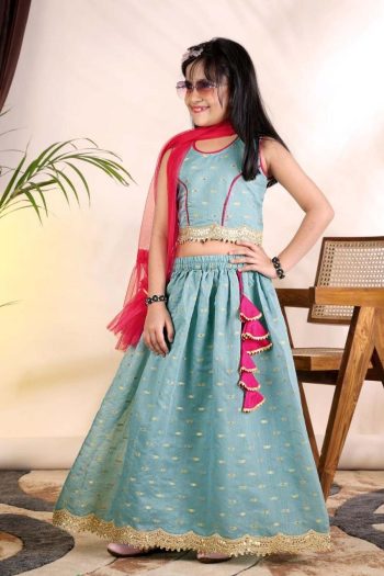 MODERN CHANDERI WEAVING DESIGN AND DORI LATKAN WORK KID'S LEHENGA CHOLI WITH DUPATTA SKY