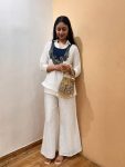 MODERN CRUNCHY SILK TOP AND PALAZZO SET WITH EMBROIDERY WORK WITH HANDWORK COIN HANGING WORK KOTI WHITE