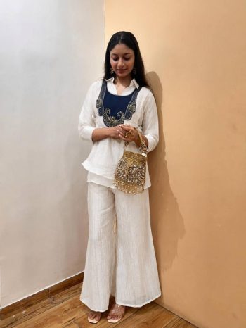 MODERN CRUNCHY SILK TOP AND PALAZZO SET WITH EMBROIDERY WORK WITH HANDWORK COIN HANGING WORK KOTI WHITE