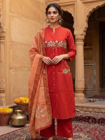 MODERN DHABU COTTON EMBROIDERY WORK TOP BOTTOM WITH DUPATTA ORANGE