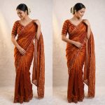 MODERN FANDY SATIN SILK ROSE GOLD  BEADS WORK WITH CUT  WORK BORDER SAREE WITH STITCH BLOUSE ORANGE