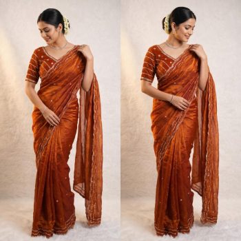 MODERN FANDY SATIN SILK ROSE GOLD  BEADS WORK WITH CUT  WORK BORDER SAREE WITH STITCH BLOUSE ORANGE