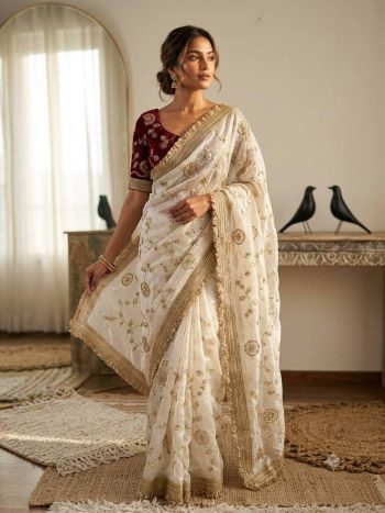 MODERN FENDY SATIN SILK EMBROIDERY WITH CUTWORK BORDER SAREE WITH UNSTITCHED BLOUSE WHITE